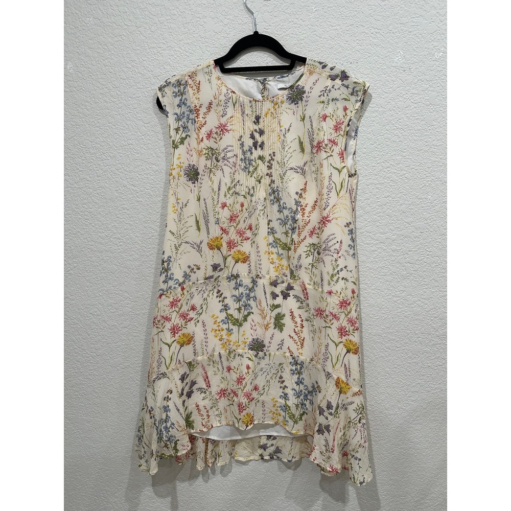Madewell Silk Wildflower Pintuck Ruffle Shift Dress Cream Floral Garden Gate 0